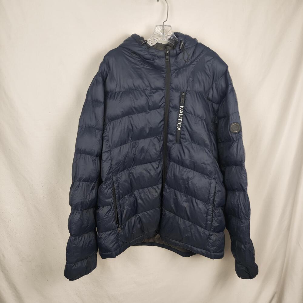 Nautica Jacket Mens 2XL Navy Hooded Puffer Down Full Zip Logo Pockets Quilted